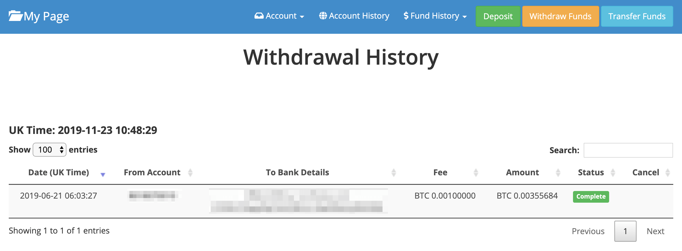 Completion of withdrawal application