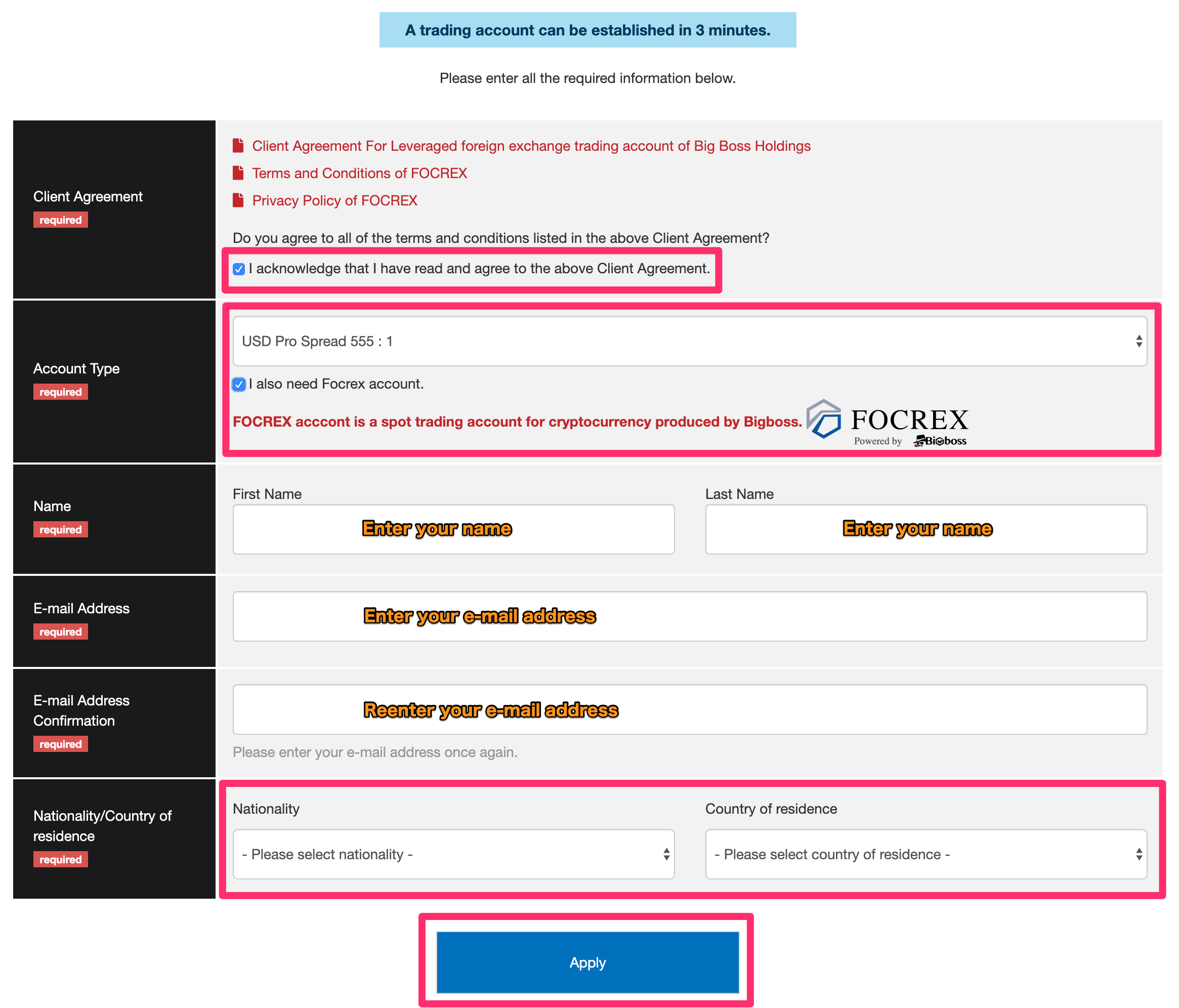 Entering necessary information